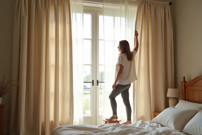 Pose de rideaux thermiques doublés devant une grande fenêtre de chambre
