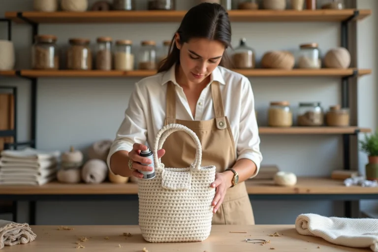 Femme appliquant un spray rigidifiant sur un sac au crochet fait main dans un atelier de couture artisanal