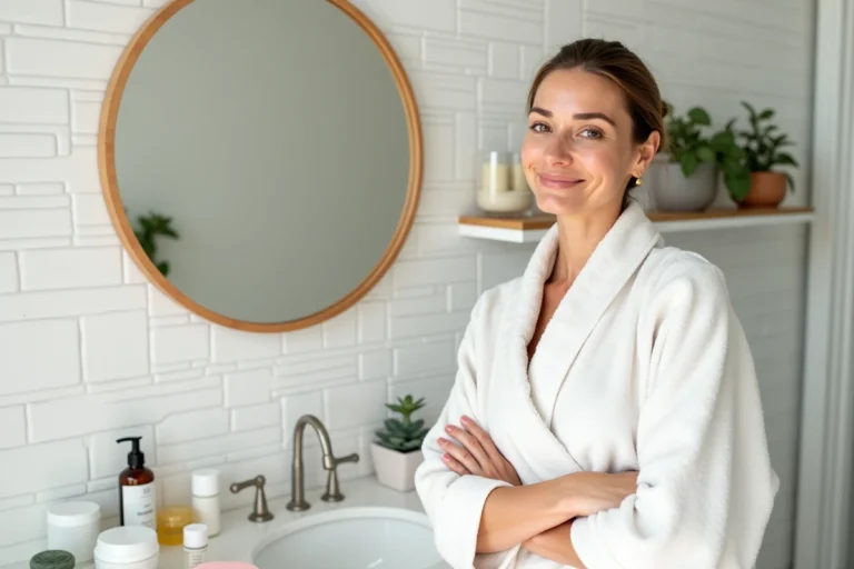 Femme en peignoir devant un miroir de salle de bain entourée de produits de soin pour une routine beauté quotidienne