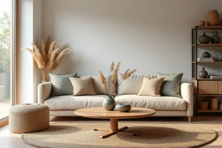 Salon scandinave moderne avec canapé en lin, table basse en noyer et décoration en céramique tendance
