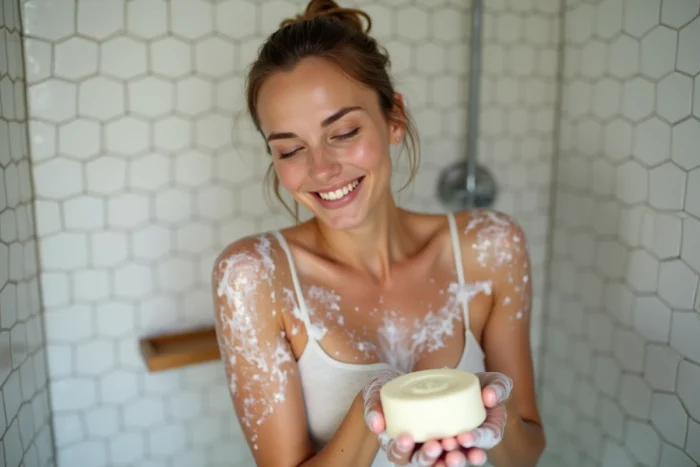 Femme utilisant un savon surgras en pain pour se laver le corps sous la douche plutôt qu'un gel douche classique