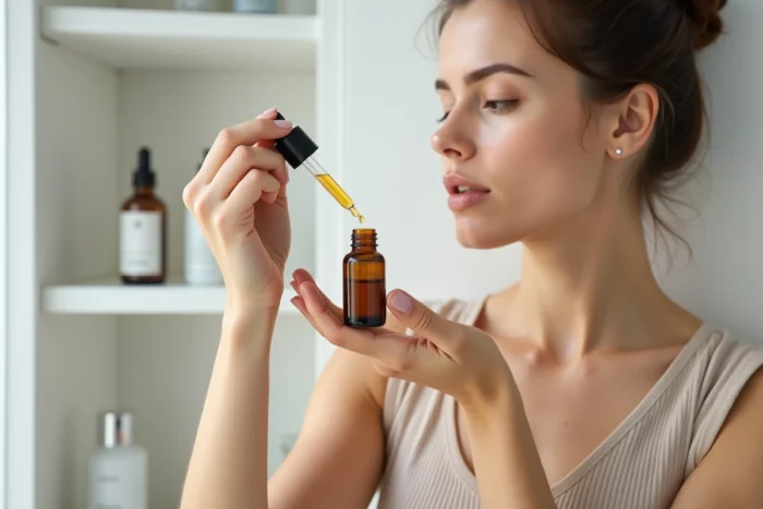 Femme appliquant un sérum à actifs ciblés avec un compte-gouttes sur ses doigts devant une étagère de salle de bain épurée