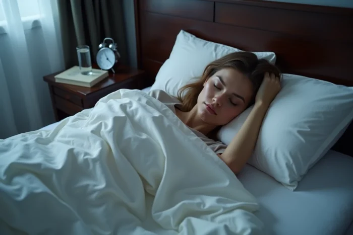 Femme endormie dans un lit aux draps blancs avec une horloge indiquant 22h30 pour illustrer le respect du rythme circadien