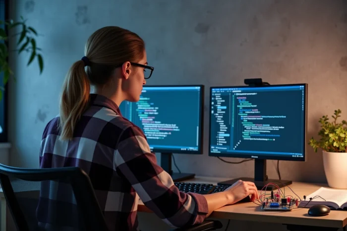Femme développant un projet Arduino avec tutoriel affiché sur écran dans un bureau d'électronique amateur