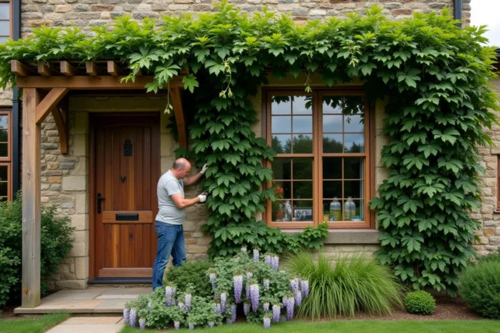 Végétation grimpante et pergola végétalisée autour d'une fenêtre de maison en pierre