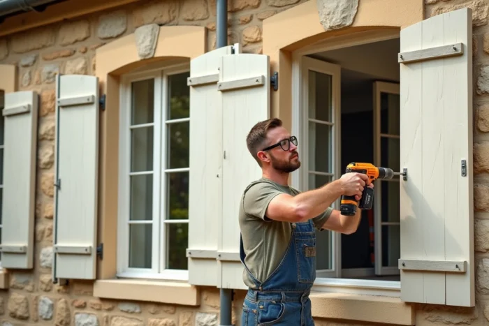 Pose de volets extérieurs de teinte claire sur la façade d'une maison en pierre
